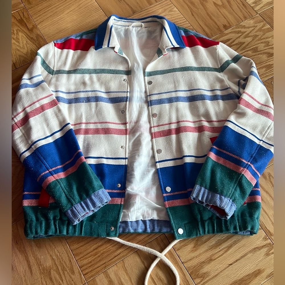 ZARA Vintage Inspired 90s 80s striped Jacket Bomber Men’s  XL Teal Button Coat